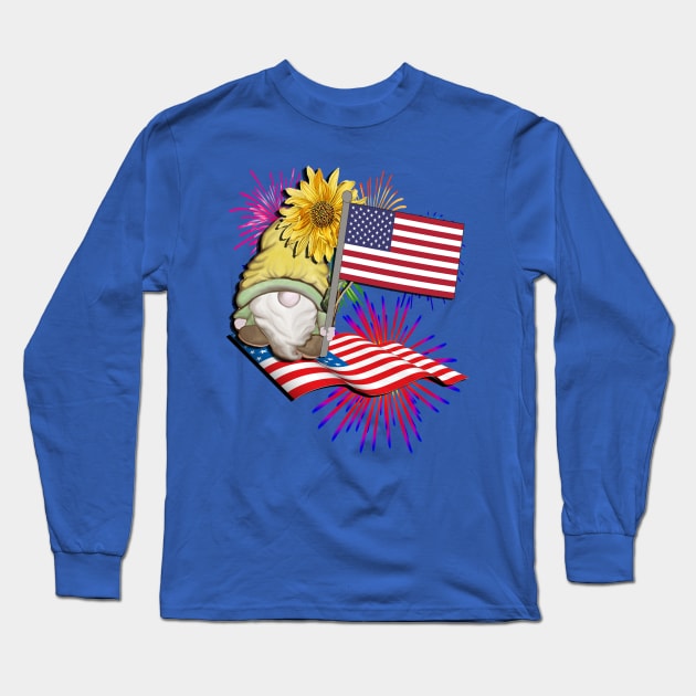 USA Fourth of July Graphic Design American Flag Fireworks & Patriotic Gnome Long Sleeve T-Shirt by tamdevo1